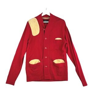 Vintage YMC Red Mens Red Cardigan Sweater, Suede patches w/ Braille tag